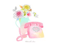 水彩花朵与粉红色的电话机免费psd图片