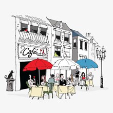 手绘街角咖啡厅插画分层素材