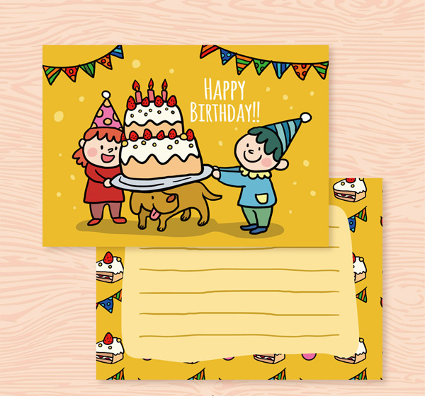  可爱儿童生日祝福卡和小狗矢量 