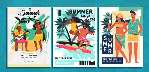  3款创意夏季度假男女海报矢量下载 