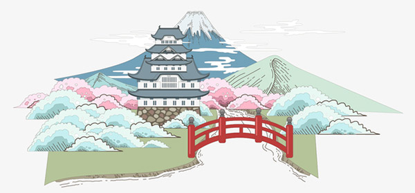  手绘彩色水墨日本风景矢量图 