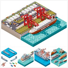 3D立体货船码头矢量图片