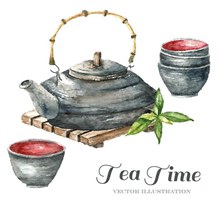 水彩绘茶壶和茶杯矢量图片