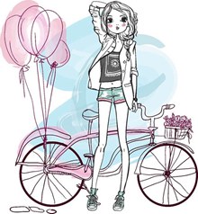 自行车与女孩漫画矢量图片
