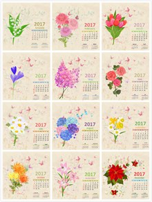 复古手绘花朵图案2017年月历矢量图