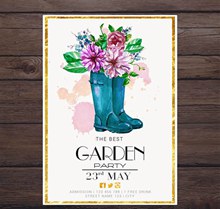 手绘装满鲜花的靴子花园派对邀请卡图矢量素材