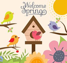 卡通春季鸟和花卉矢量