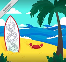 创意沙滩冲浪板和螃蟹插画图矢量图片
