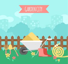 创意花园城市和园艺工具插画矢量素材