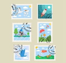清新盖邮戳的邮票设计矢量素材