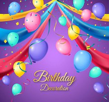 生日彩色气球和丝带装饰物图矢量