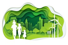 绿色生态城市和家庭剪影图矢量素材