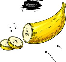 切片的黄色香蕉和墨迹矢量图