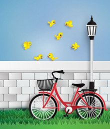 停在墙边的单车和黄色小鸟矢量
