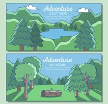 2款彩绘森林与湖泊风景图矢量素材