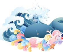 海浪里的卡通鲸鱼矢量图片
