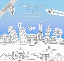 手绘环球旅行标志建筑插画矢量图片
