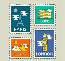 4款创意世界旅行邮票矢量图
