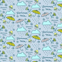 彩绘雨云和雨伞无缝背景矢量图下载