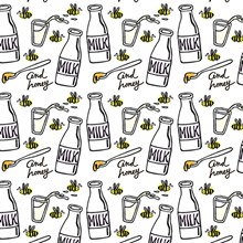 手绘牛奶和蜜蜂无缝背景图矢量图片