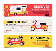 3款创意夏日旅行交通工具banner矢量图