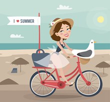 海边骑单车的度假女郎和海鸥图矢量图下载