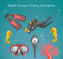 4款彩绘潜水元素和海马珊瑚矢量图下载