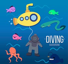 精致海底潜水艇和潜水员插画矢量图下载
