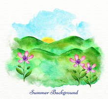 水彩绘夏季山野风景图矢量图下载