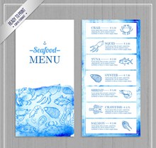 彩绘蓝色海鲜店菜单设计矢量图片