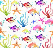 水彩绘水草海星和鱼无缝背景图矢量下载
