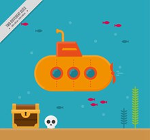创意海底探险的潜水艇和宝藏图矢量图片