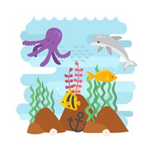 卡通海底世界鱼类和海草矢量下载