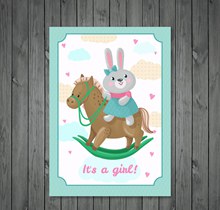 可爱骑木马的兔子迎婴贺卡图矢量图下载