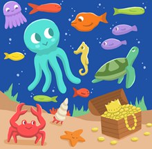 卡通海底世界动物和宝藏插画图矢量下载