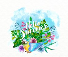 水彩绘夏季花卉和鹦鹉矢量图