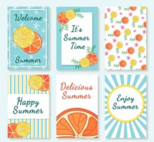 6款彩绘夏季柠檬片卡片图矢量图下载