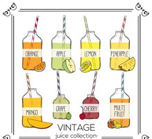 8款复古手绘瓶装果汁矢量图