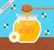 沾蜂蜜的搅拌棒和蜜蜂矢量素材