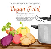 水彩绘厨房里的蔬菜和锅矢量图片