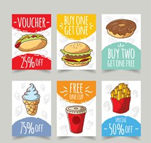 6款彩绘快餐食品促销卡片图矢量图下载