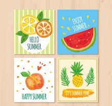 4款水彩绘夏季水果卡片矢量图