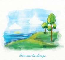 水彩绘夏季海边树木风景图矢量素材