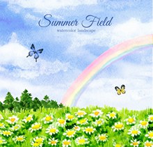 开满鲜花的夏季原野和彩虹风景矢量素材