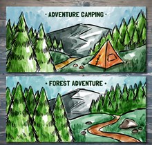 2款彩绘森林探险风景banner图矢量素材