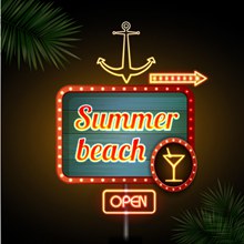 夏季沙滩酒吧霓虹招牌图矢量图下载