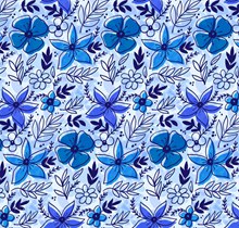 蓝色花朵和叶子无缝背景图矢量图下载