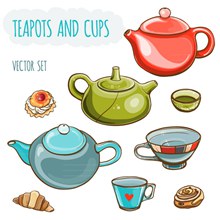 6款彩色茶壶与茶杯矢量图