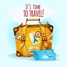 彩绘旅游行李箱和飞机票矢量素材