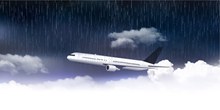 雨天云层中飞行的飞机图矢量素材